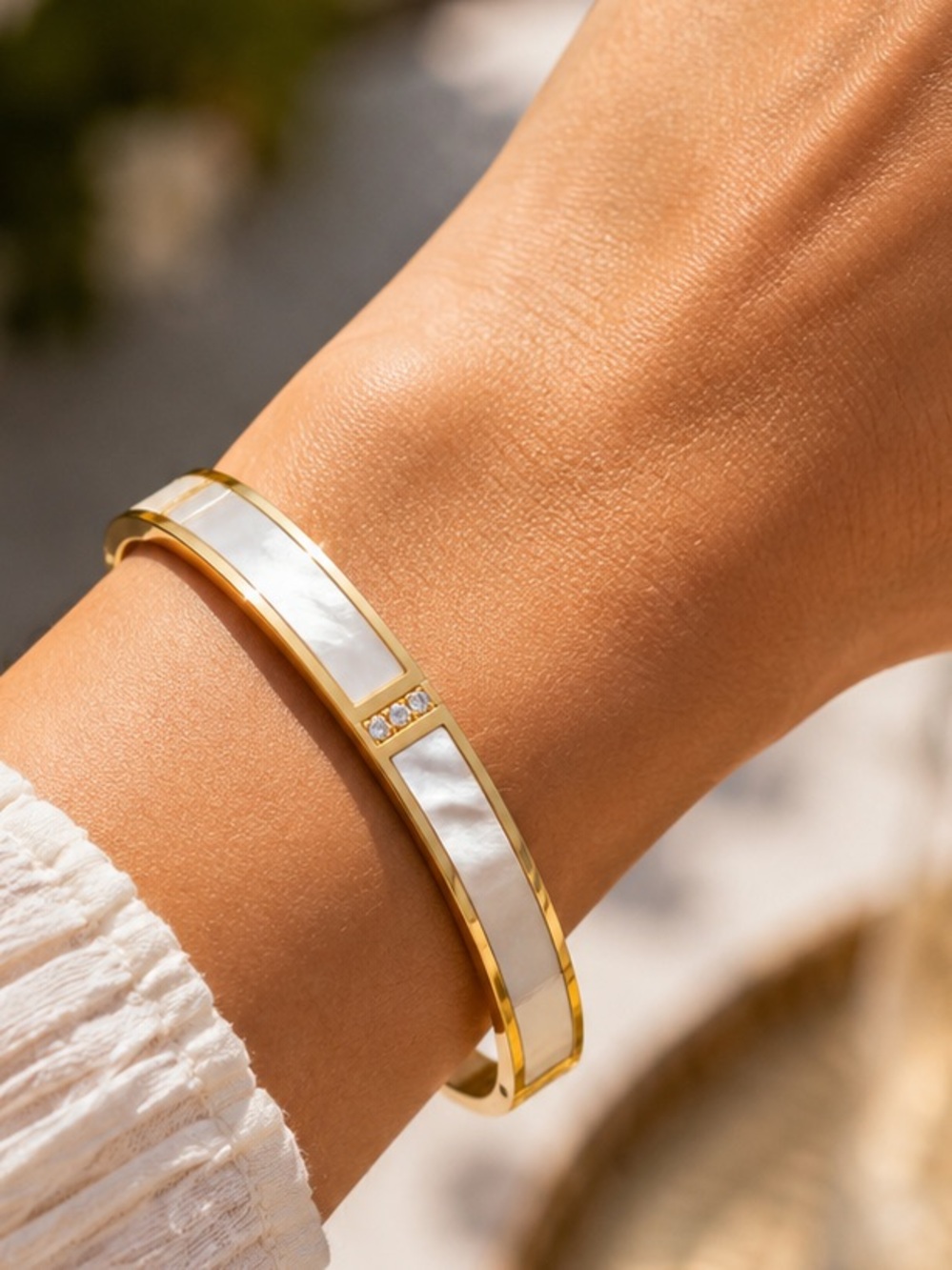18K Gold Plated White Inlay CZ Hinged Bangle Bracelet Waterproof